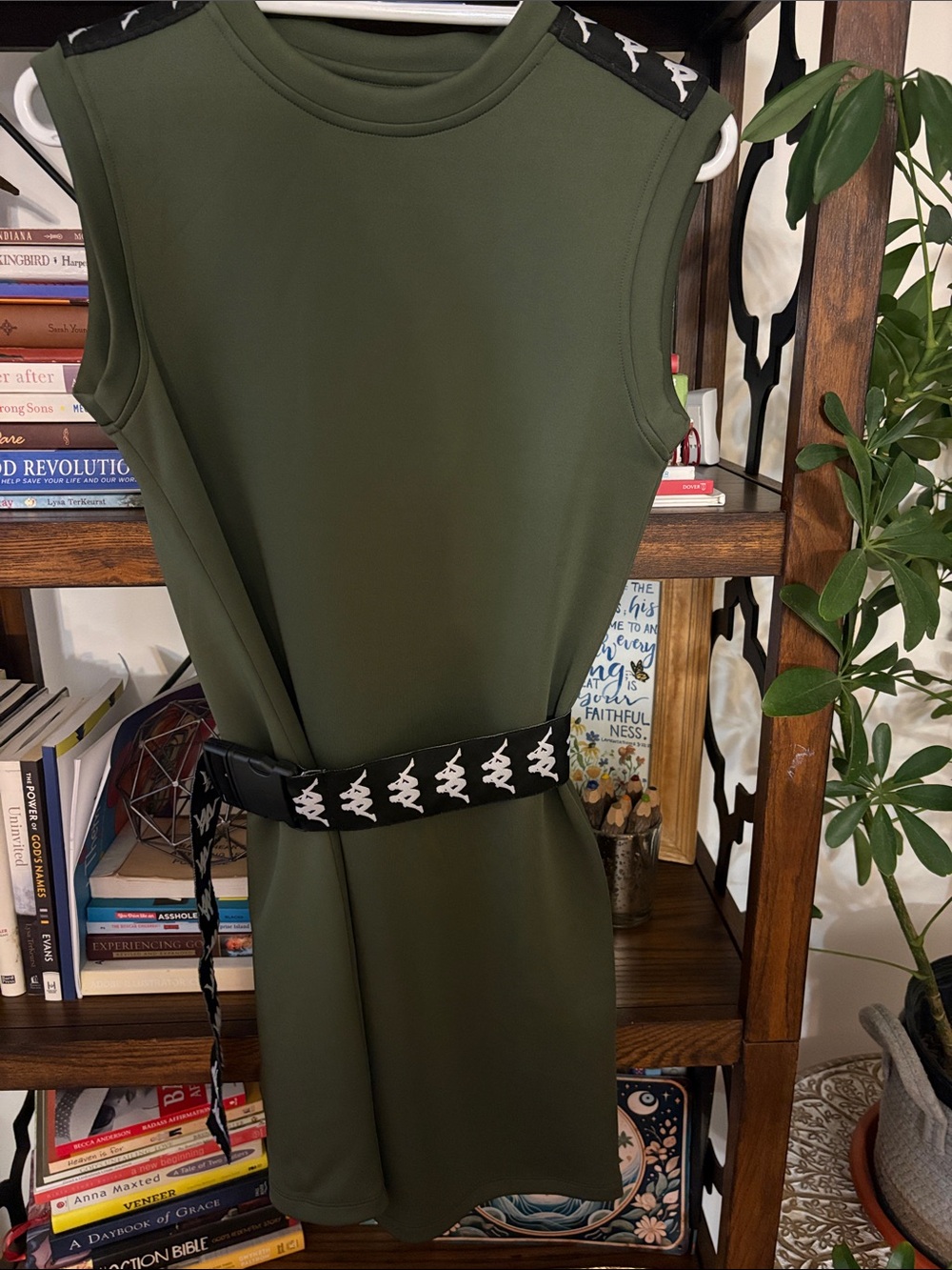 Kappa Olive Green Sleeveless Shift Dress with Black Logo-Trim Belt